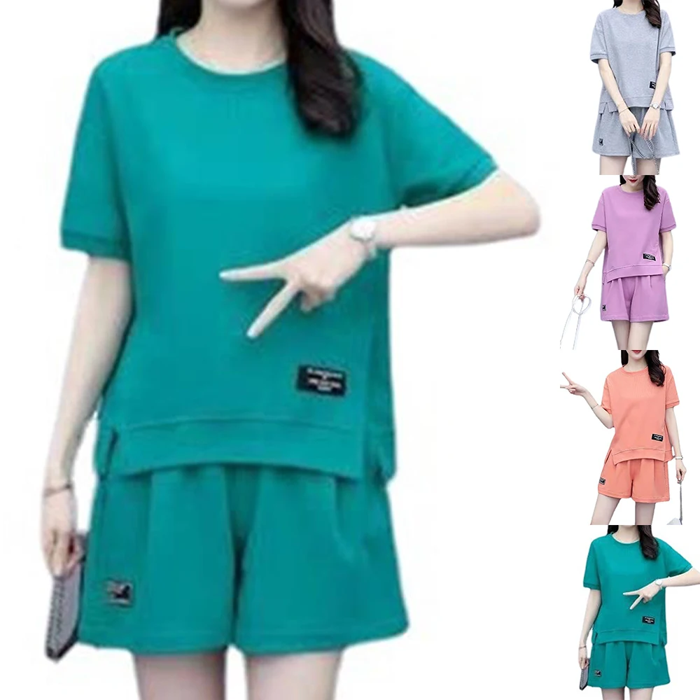 

Women Summer Short Sleeve Crew Neck T-shirt Tops Casual Sports Shorts Plus Size