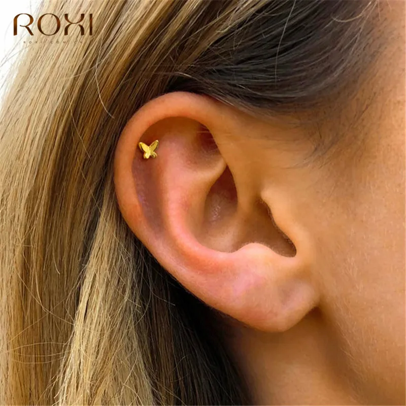 Корейские золотые серьги-гвоздики ROXI с бабочкой для женщин, Детские полированные серьги-бабочки для хряща ушной раковины, серьги из стерлингового серебра 925 пробы