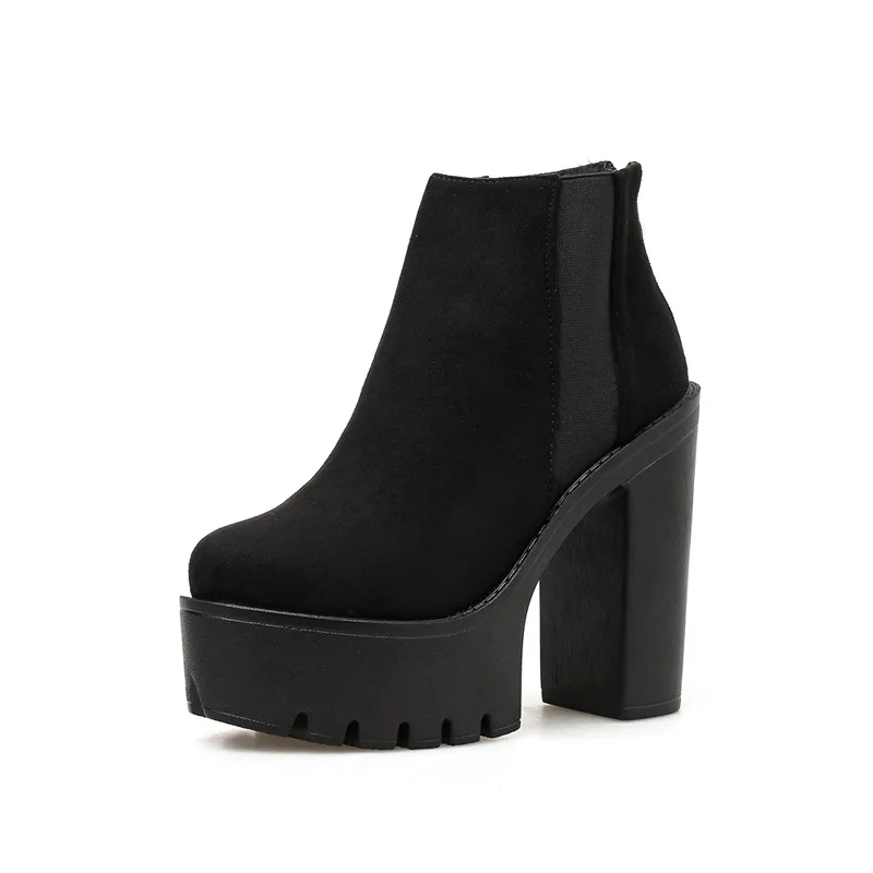 

Timalina Fashion Black Ankle Boots Flock Platform Shoes Zipper Ladies Party Boots Thick Heels Spring Autumn For Women Round Toe