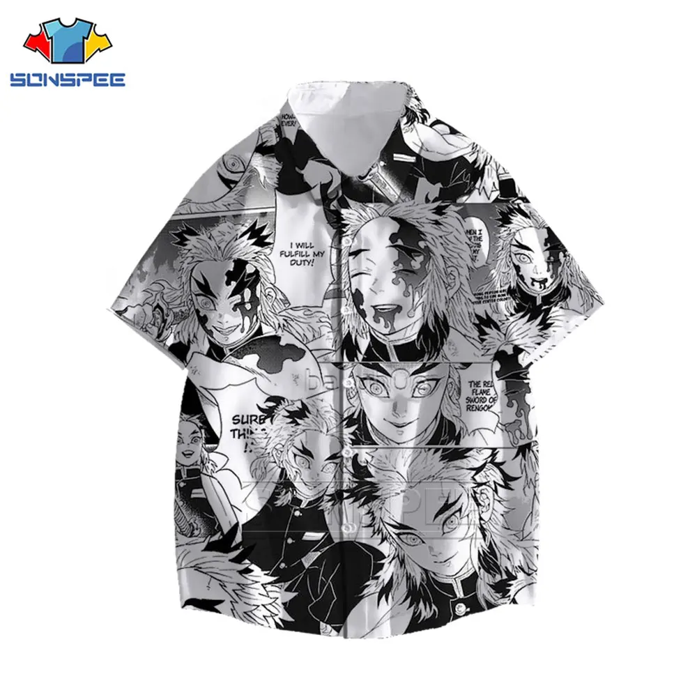 Anime Demon Slayer Rengoku Kyoujurou Shirt 3D Print Cool Cartoon Many Faces Shirt Summer Casual Men's Oversized Hawaiian Shirts