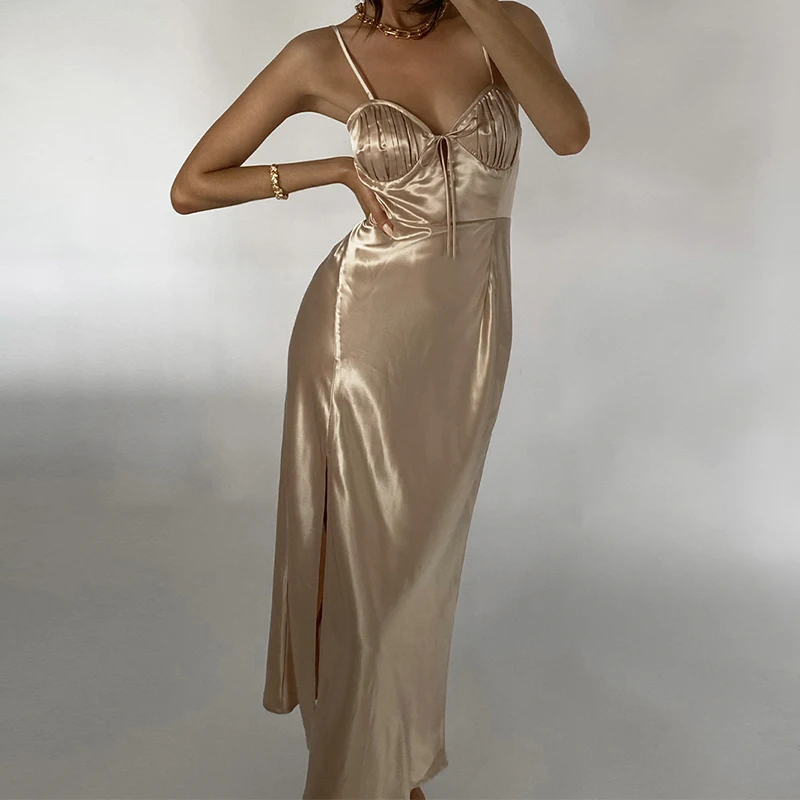 

Satin Summer Split Long Dress Women Spaghetti Strap Strapless Cocktail Dress 2021 New Femme Sexy Straight Night Party Vestidos