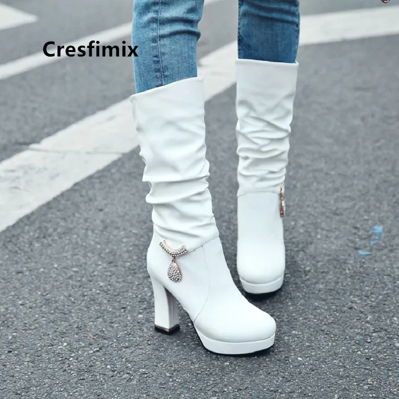 

Botas Femininas Women Fashion Sweet Black Pu Leather Autumn Mid Calf Boots Lady Classic White Winter Anti Skid Street Boot G6024