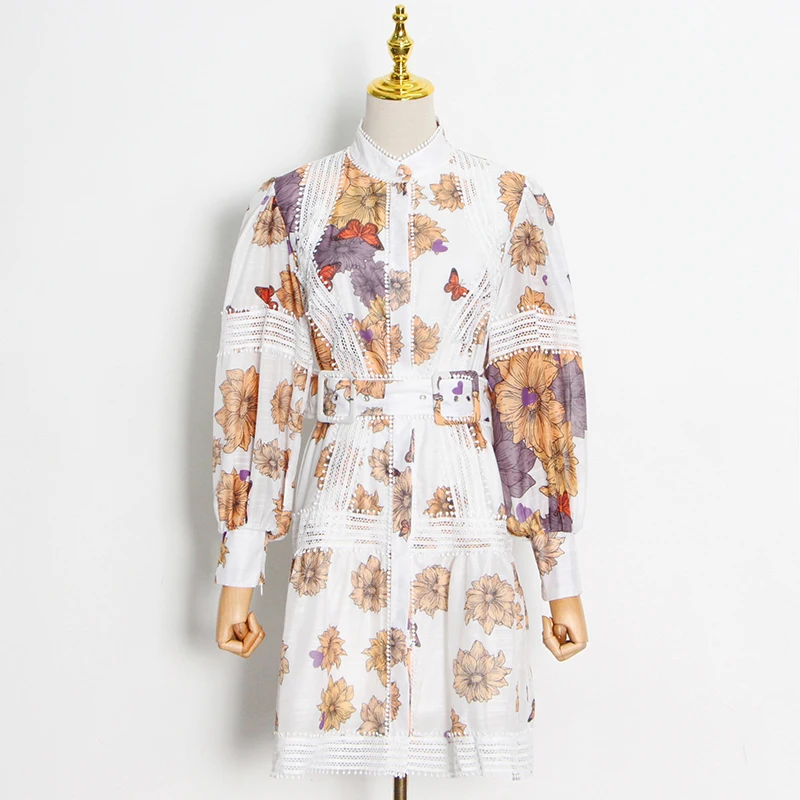 Женское кружевное платье с поясом, воротником-стойкой и рукавами-фонариками