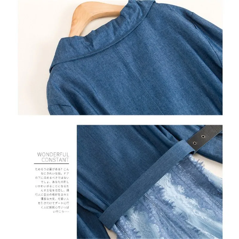 Элегантное летнее женское платье из Tencel джинсовое сшитое Сетчатое кружевное для