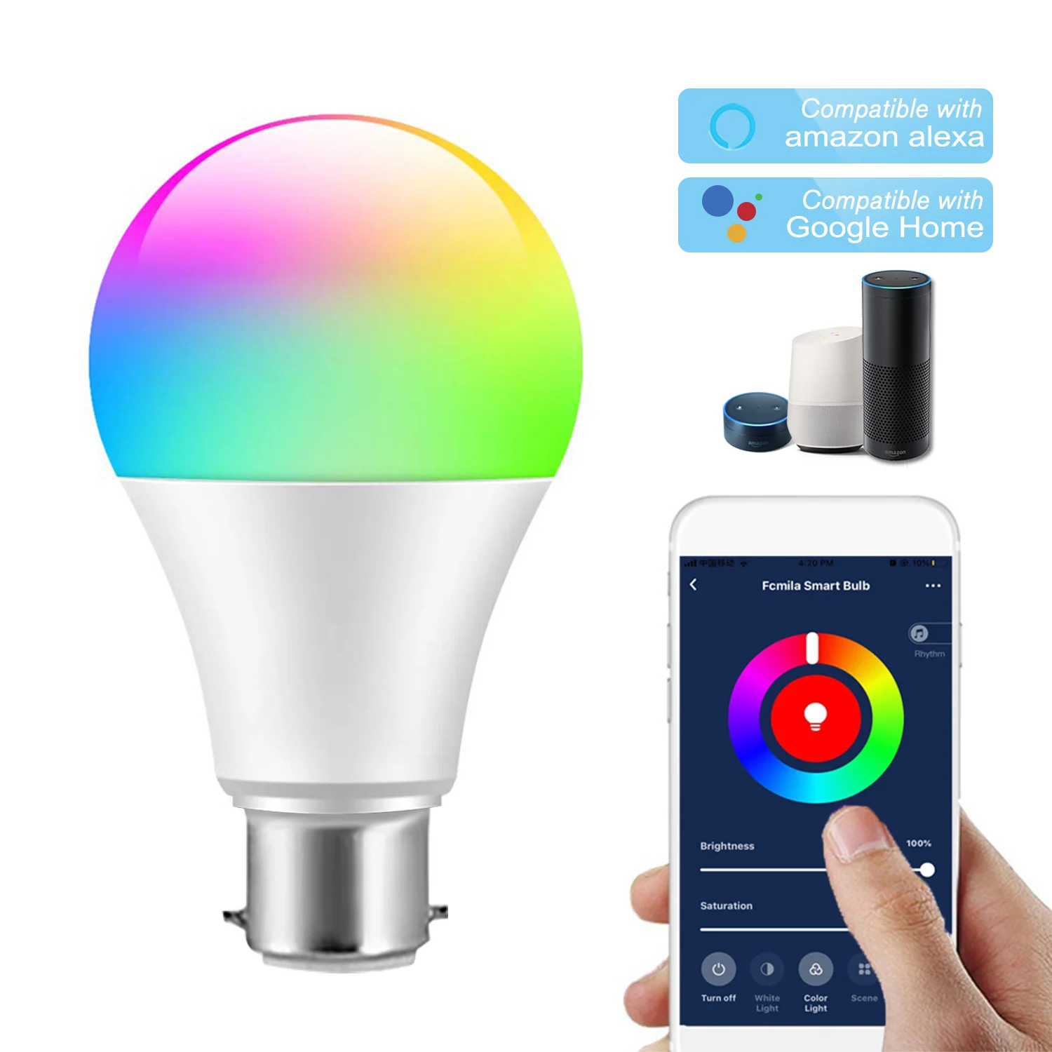 

WiFi Smart Bulb RGB+W LED Bulb B22 Dimmable Light Phone APP Clouding Intelligence Remote Control Voice Control