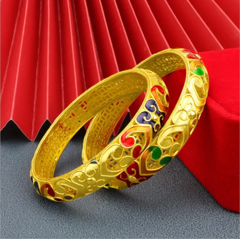 

hi C 6cm Enamel wedding bracelet 24K yellow Gold plated hollow out flower bracelet engagement Bangles For Women Jewelry bride