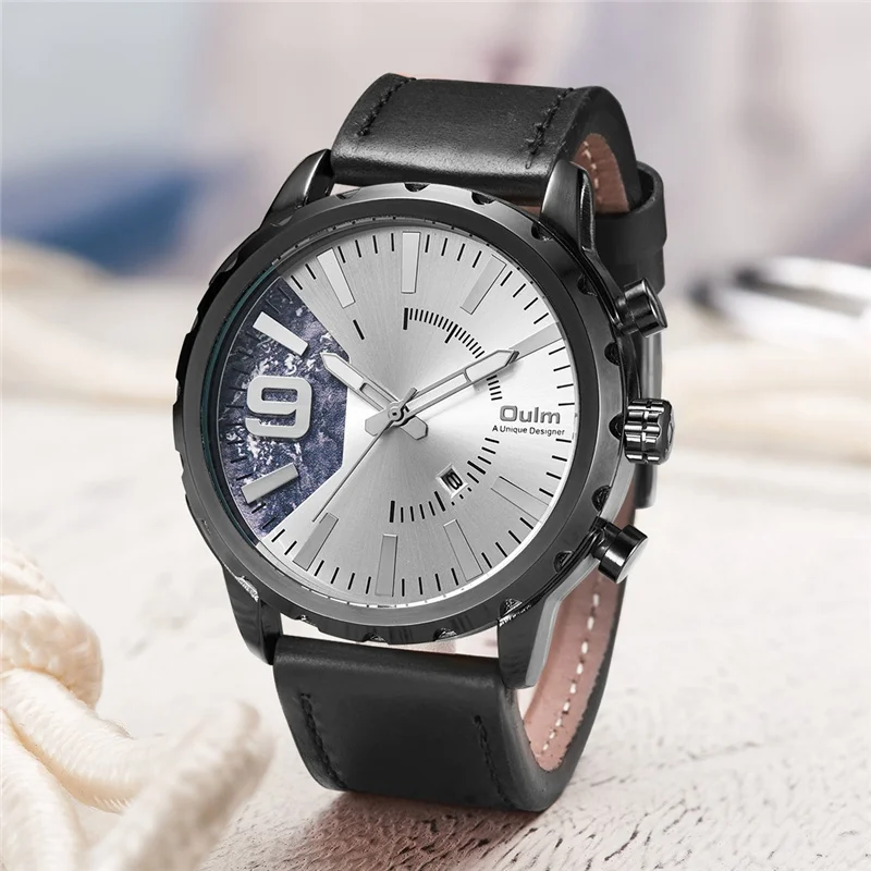 Oulm Мужские часы с коричневым кожаным ремешком Авто Дата кварцевые наручные