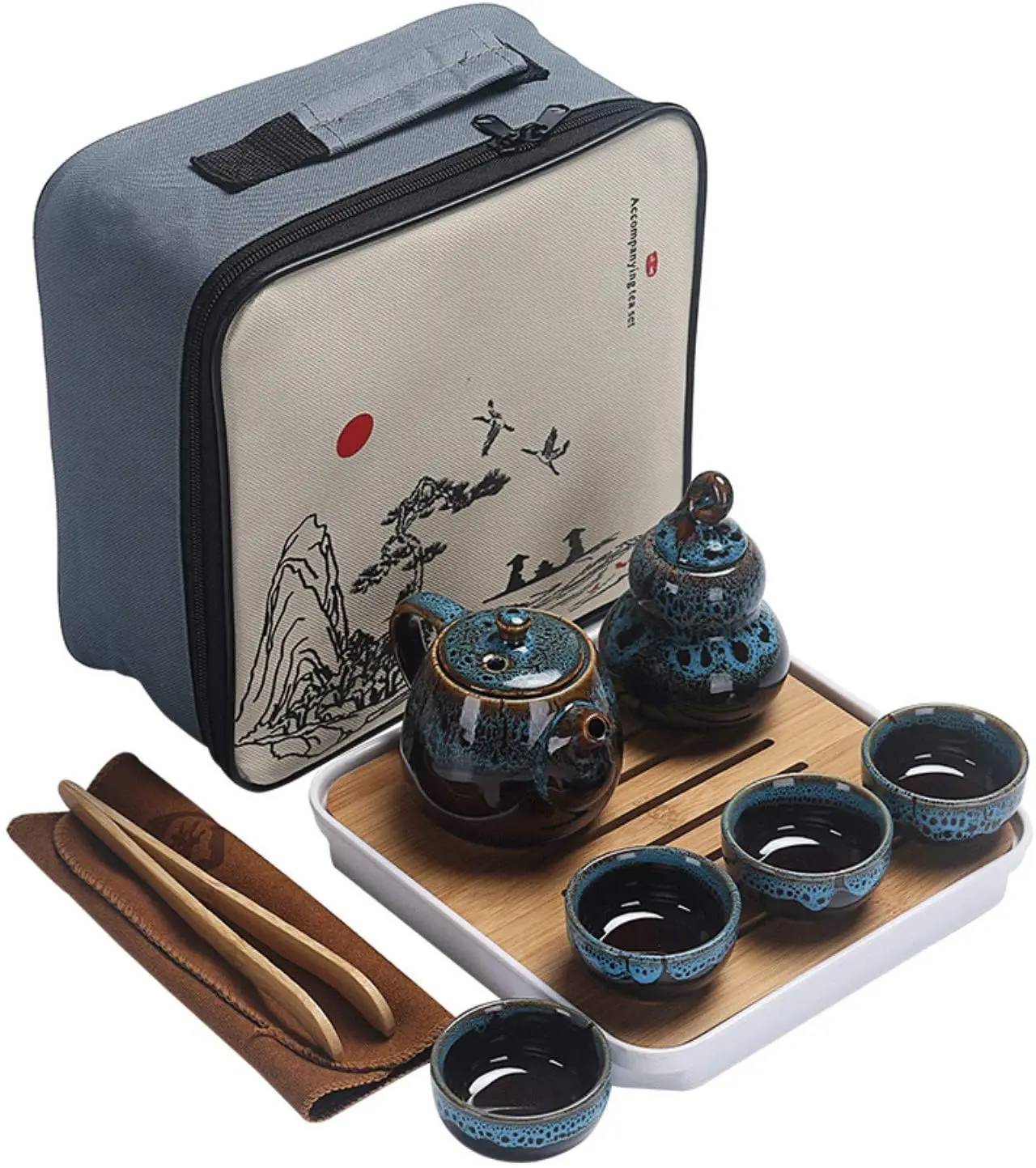 

Чайный набор Kungfu, портативный дорожный чайный набор с чайником, чайными чашками, чайной канистрой, чайным подносом и подарочным пакетиком д...