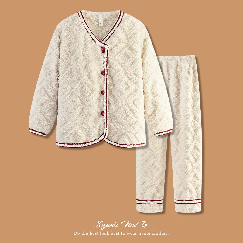 

Пижама для женщин, комплект из 2 предметов, новинка 2021, бархатная Пижама кораллового цвета, осень и зима, утепленная женская пижама на флисов...