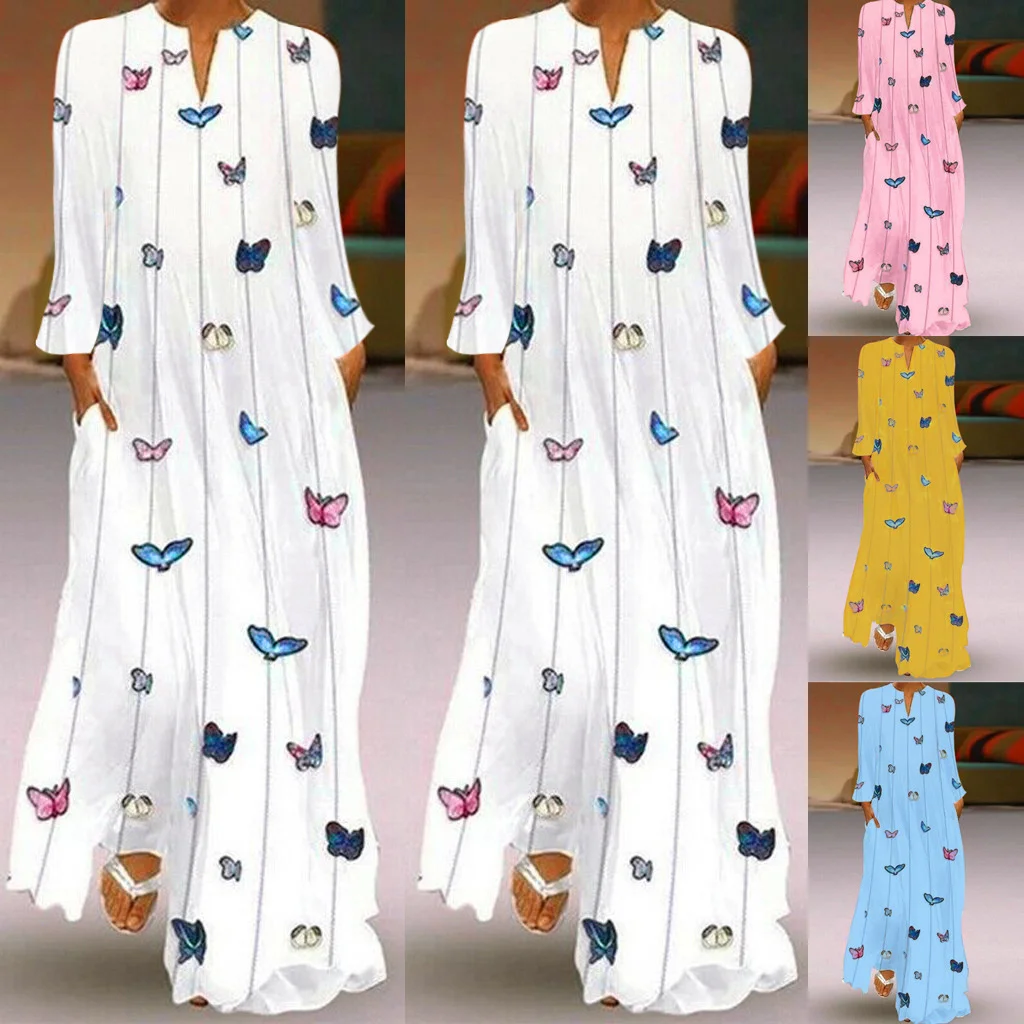

2021 new female butterfly print V-Neck long sleeve pocket summer dress