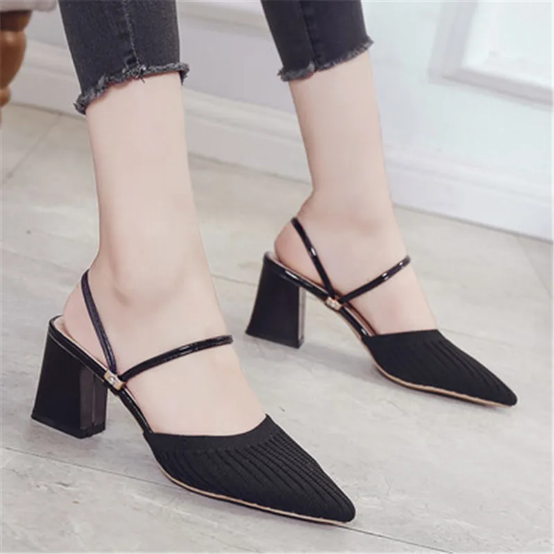 

2020 new Summer Sandals Dress Party Shoes Knitted Upper High Heel Slipper Women's Mules Ladies Pointed Toe Chunky Heel black