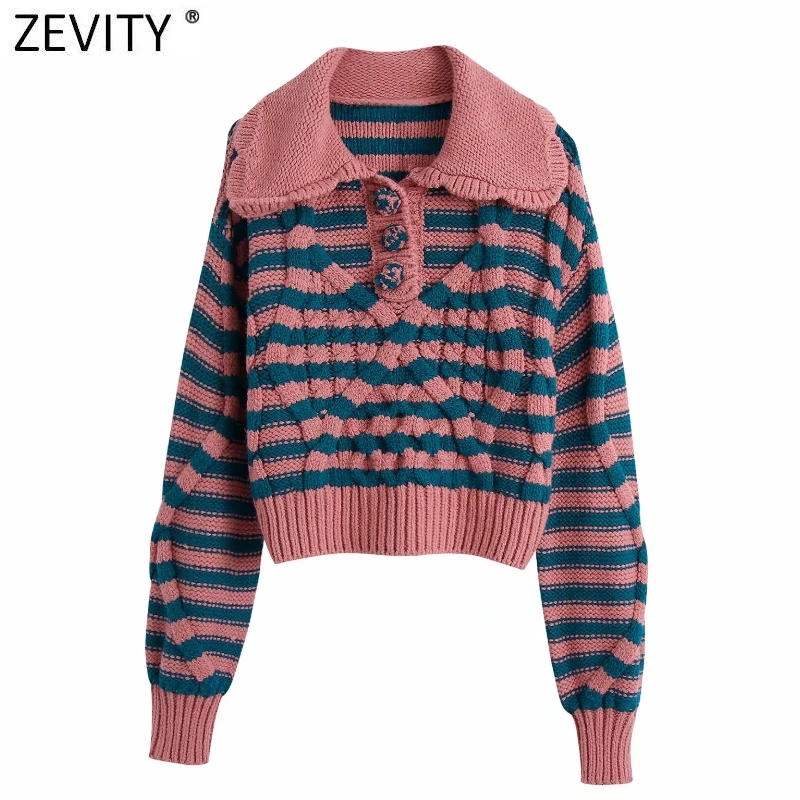 

Zevity женский винтажный свитер с оборками и отложным воротником, полосатый короткий Повседневный вязаный свитер, женские шикарные пуловеры н...