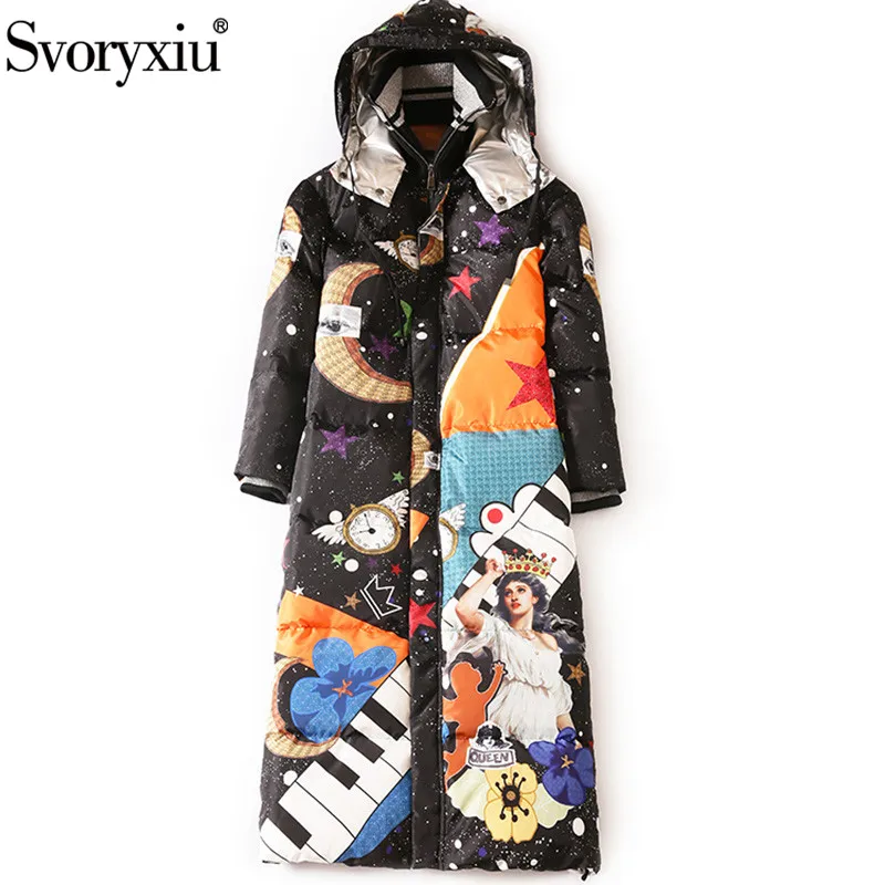 Женское длинное пальто Svoryxiu белое теплое на утином пуху с принтом звездного неба