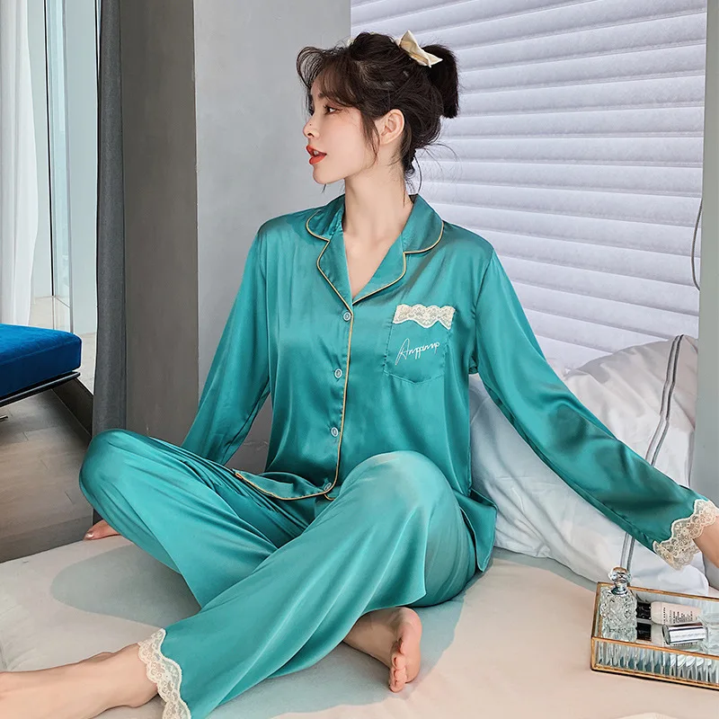 

2 Pcs Women's Pajamas Set Rayon Sleepwear Solid Cardigan Lapel Button Pocket Lace Sexy Pyjamas Comfort Leisure Homewaer Autumn