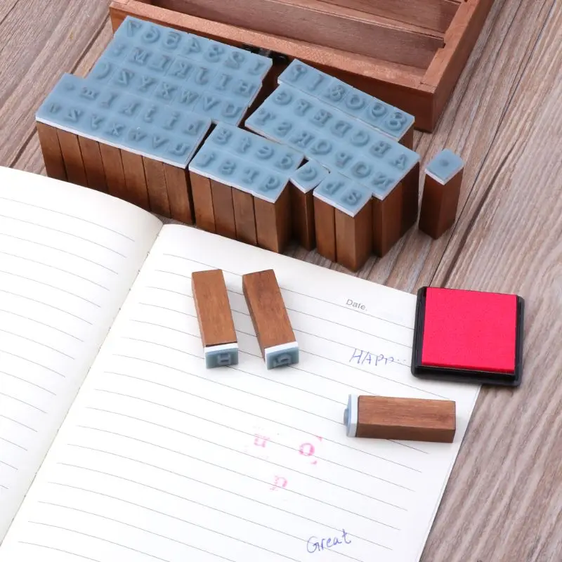 

70Pcs Vintage DIY Number Alphabet Letters Wood Rubber Stamps Set with Wooden Box A0KD