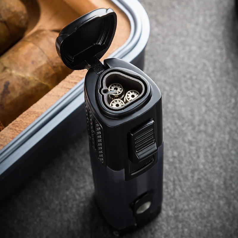 Любински Металлический Зажигалка с 3 Синими Пламенами Для Сигар и Сигарет, Ветрозащитная, с Окном для Газа и Кернером для Табака Инструмент для Курения