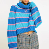 bright striped turtleneck sweater with embroidery lazy oversized pullovers warm jumper knit top women girl harajuku streetwear