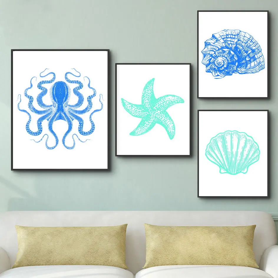 Картина на холсте милые животные ракушки осьминога Морская звезда Настенная