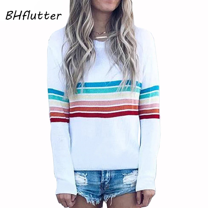 Женский тонкий вязаный свитер BHflutter Повседневный в полоску размера плюс 4XL с