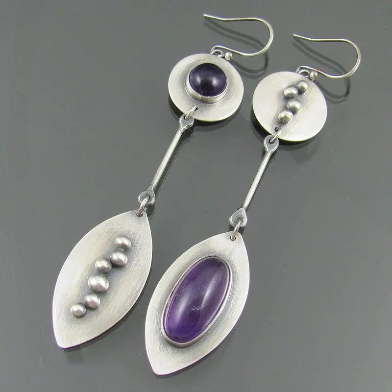 

Vintage Oval Purple Amethyst Drop Earrings For Women Fashion Wedding Party Jewelry Statement Long Dangle Earrings Accessories