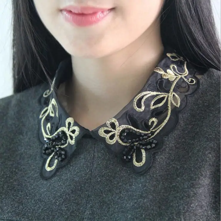 Linbaiway Handmade Beads Shirt Fake Collar Tie Women Embroidery Detachable False Lapel Blouse Top Removable Faux Cols |