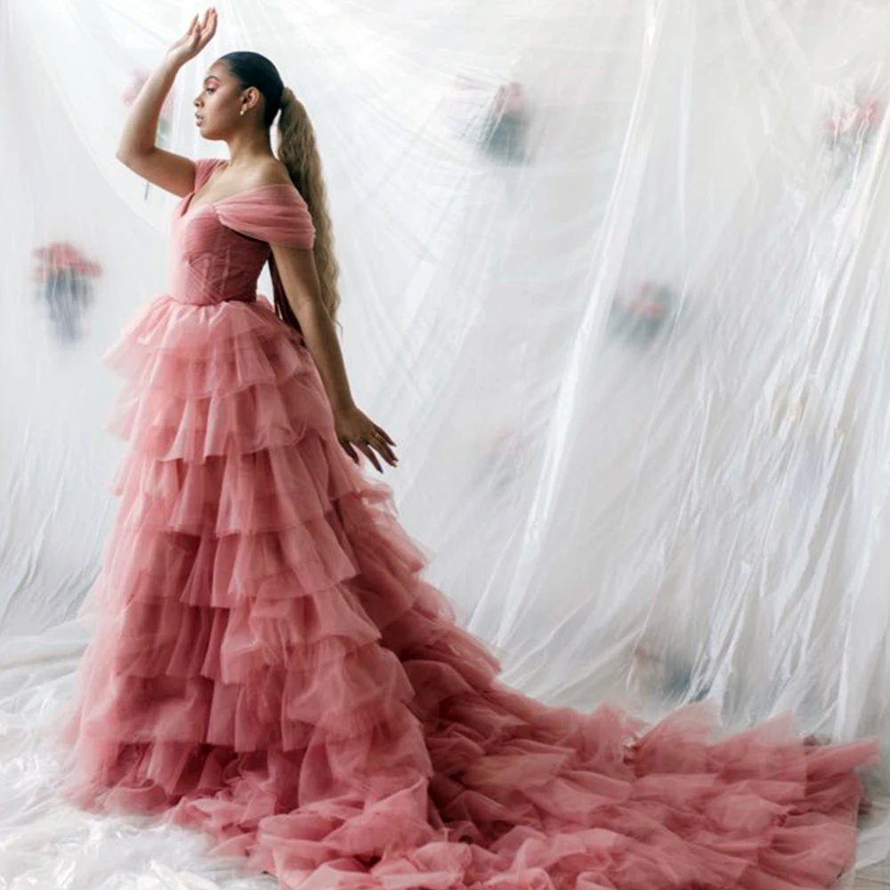 

Sweetheart Tiered Evening Dresses Long Luxury 2021Sexy Off The Shoulder Pink Prom Gown Tulle A-Line Princess Vestidos de fiesta