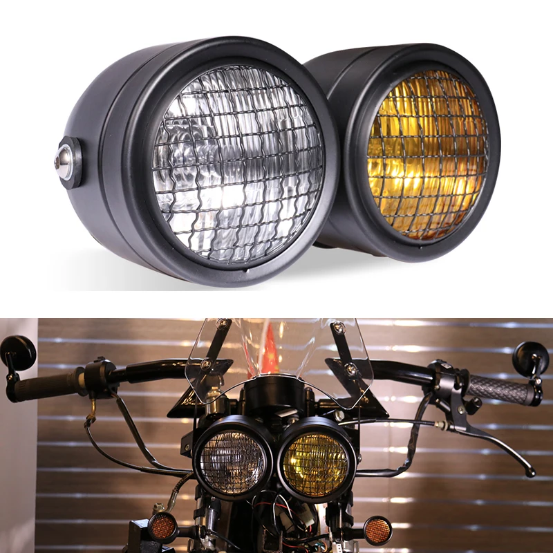 

Универсальная мотоциклетная двойная фара в стиле ретро, черный двойной налобный фонарь, Refit фара для скутера Moto DC 12V, Двойная Передняя зеркальная фара