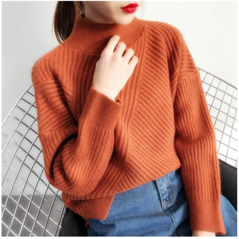 

Женский плотный пуловер с диагональными полосками, свободный однотонный трикотажный джемпер с полувысоким воротником, Осень-зима
