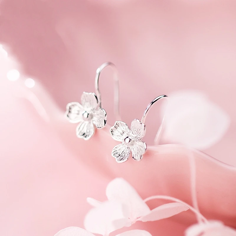 

925 Sterling Silver Sweet Cute Flowers Stud Earrings Hook Style Fashion Jewelry For Women Girls Lady