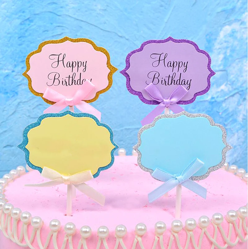 

5pcs/lot Pink Bow Happy Birthday Cake Topper DIY Wedding Cupcake Flags Birthday Party Baby shower Cake Baking Dessert Decoration
