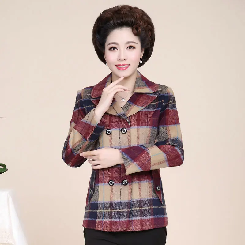 Женское твидовое пальто в клетку шерстяное двубортное зеленого красного желтого