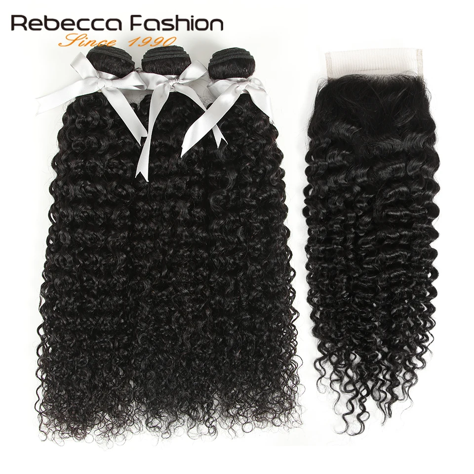 Rebecca Kinky Curly 3 пряди с закрытием Remy человеческие волосы для наращивания, бразильские кудрявые пряди волос с закрытием