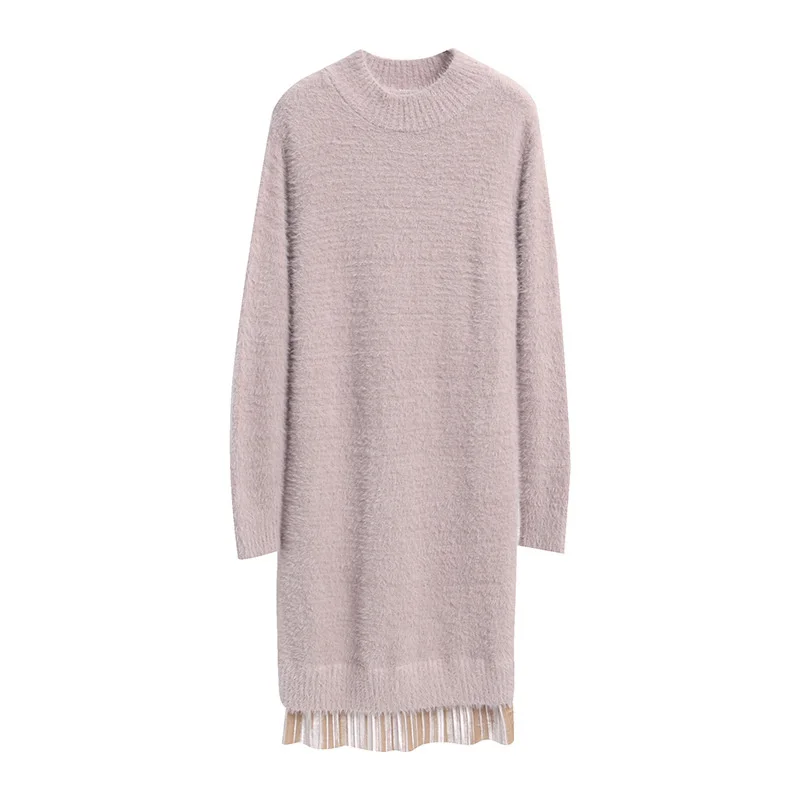 

Fashion Faux Mink Velvet Long Knitted Sweater Dress Women Thicken O-Neck Autumn Winter Clothes Soft Warm Pullover Women C6733