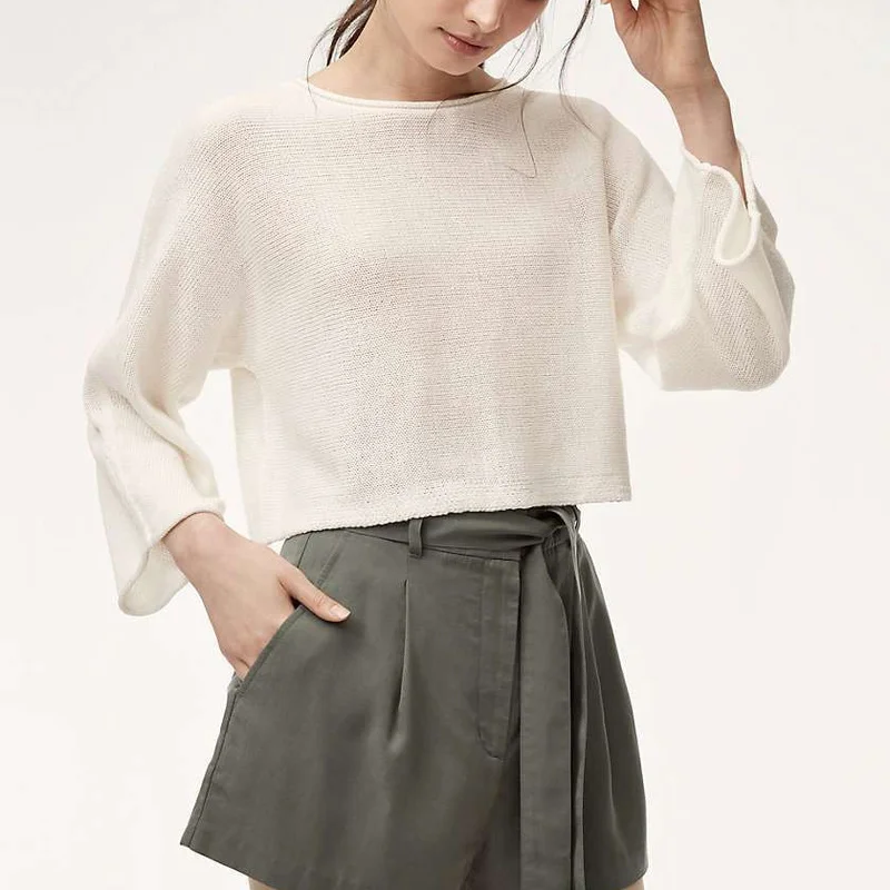 Cotton Knitted Round Neck Loose Top Women Shirt