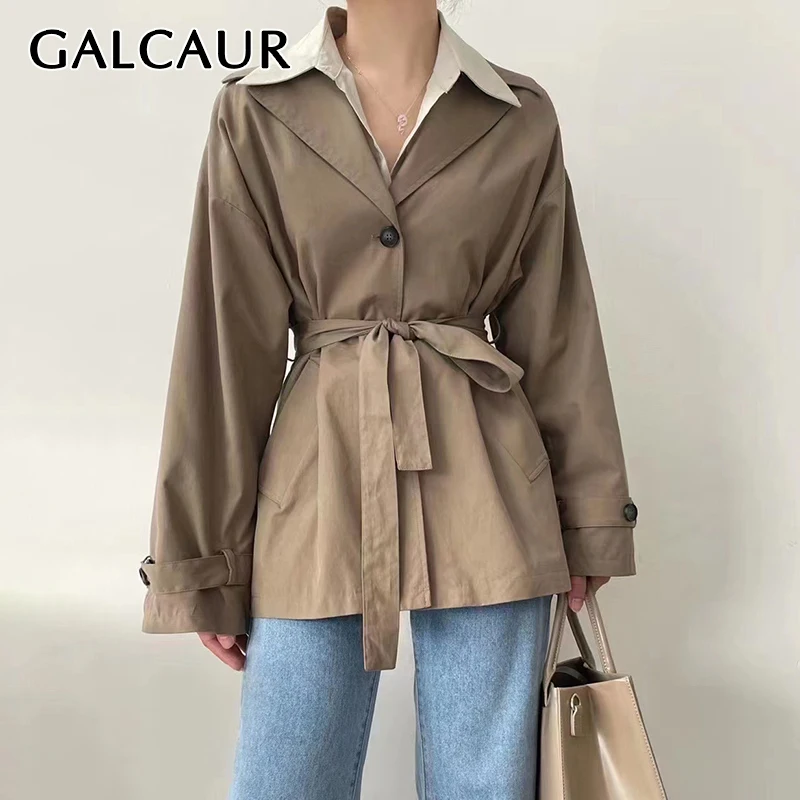 

GALCAUR Korean Fashion Green Jacket For Women Lapel Collar Long Sleeve Sashes Solid Coats Female Autumn Clothing 2021 Style New