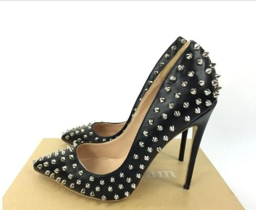 

2021 Stiletto Heels Rivets Pointed Toe Shoes Red Pink Black Studded Wedding Shoes Full Spikes Dress Pumps Size44 right logo