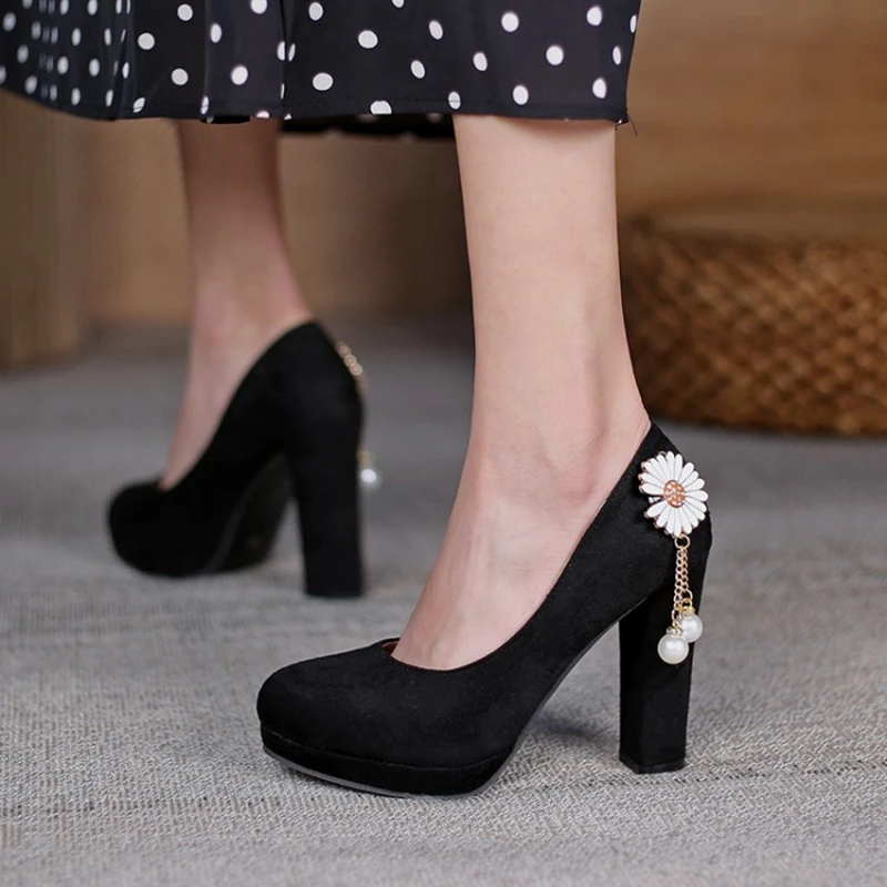 

2021 Sexy Women OL Party High Heels Black Flock Pumps Female Platform Heels Thick Round Toe Single Shoes Big Size 32-45 102-1