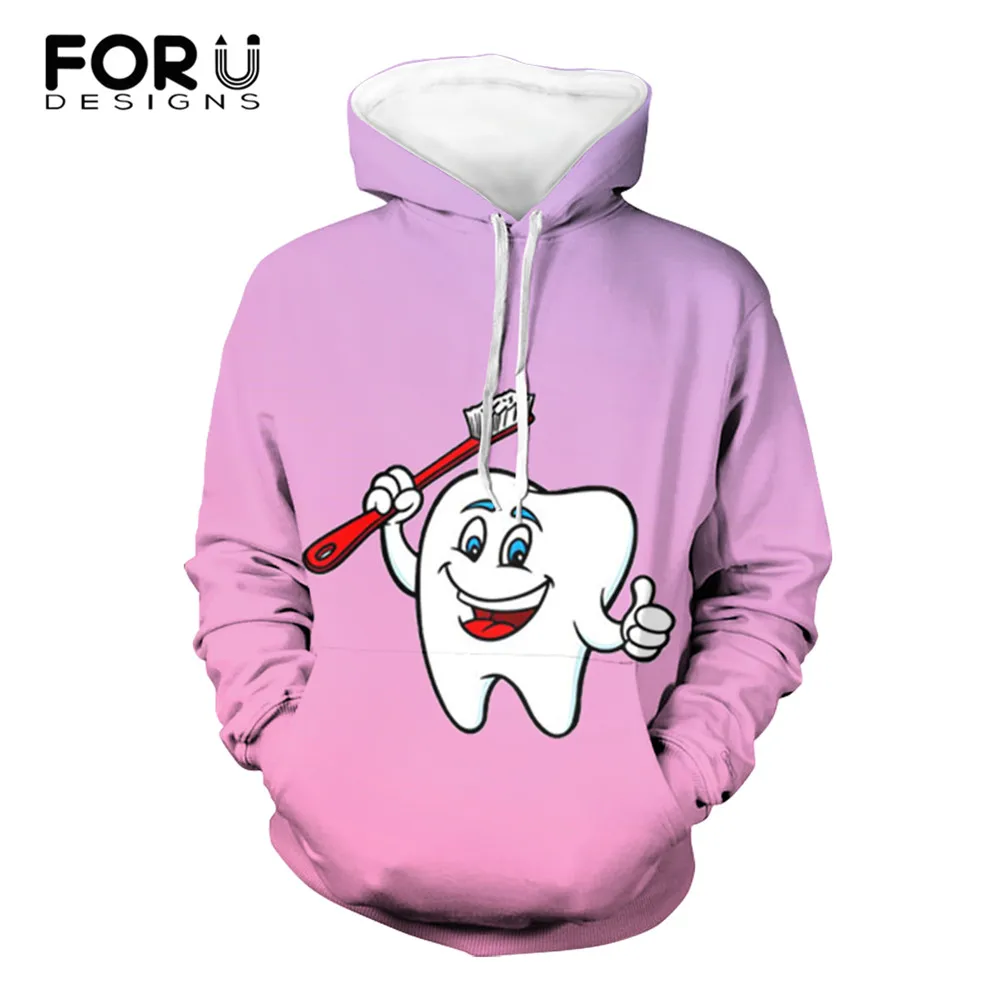 

FORUDESIGNS Brand Designer Cute Teeth/Tooth/Dentist Long Sleeve Pullover Hooded for Women Autumn/Winter Casual Loose Streetshirt