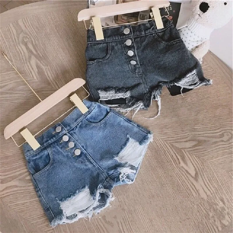 

Fashion Baby Girl Casual Jean Shorts Ripped Holes Toddler Teen Child Cotton Scanties Trousers Button Summer Baby Clothes 1-14Y