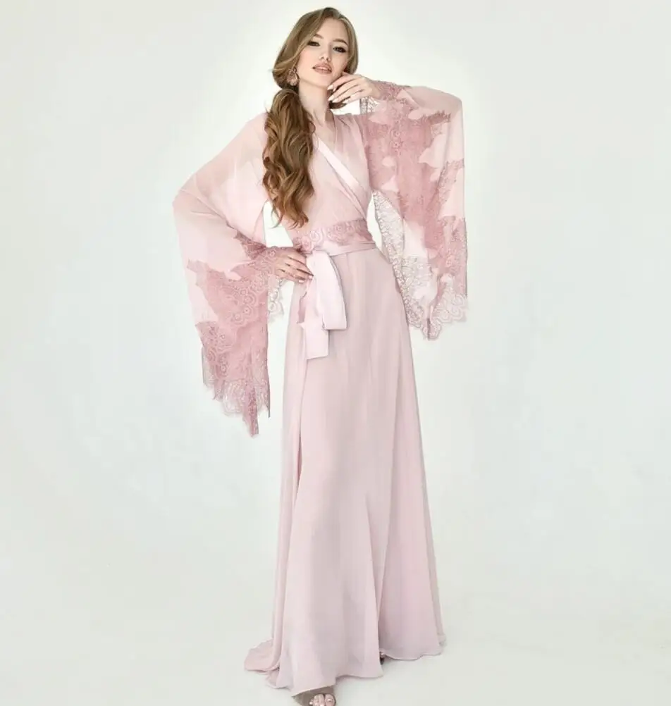 

Two Pieces Pink Lace Nightgowns Women Sleepwear Boudoir Dress V Neck Lingerie Robe Cheap Bathrobe Nightwear Babydoll Robe Gowns