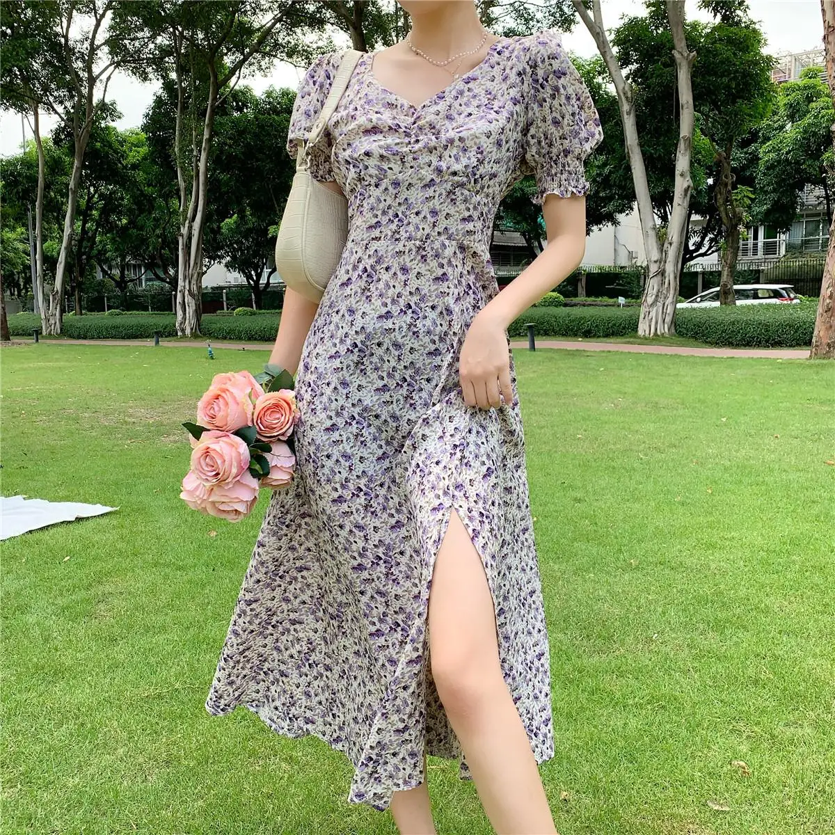 

Summer Elegant Women's Purple Chiffon Dress Sexy Split Short-Sleeved Floral Dress Female Vestidos Korean Clothing