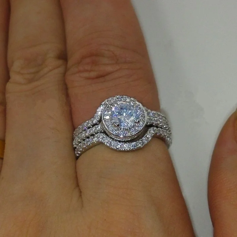 

3 Pcs /Set Popular Round Shiny AAA CZ Rhinestone Crystal Ladies Wedding Ring for Women Party Engagement Jewelry Size 5-12