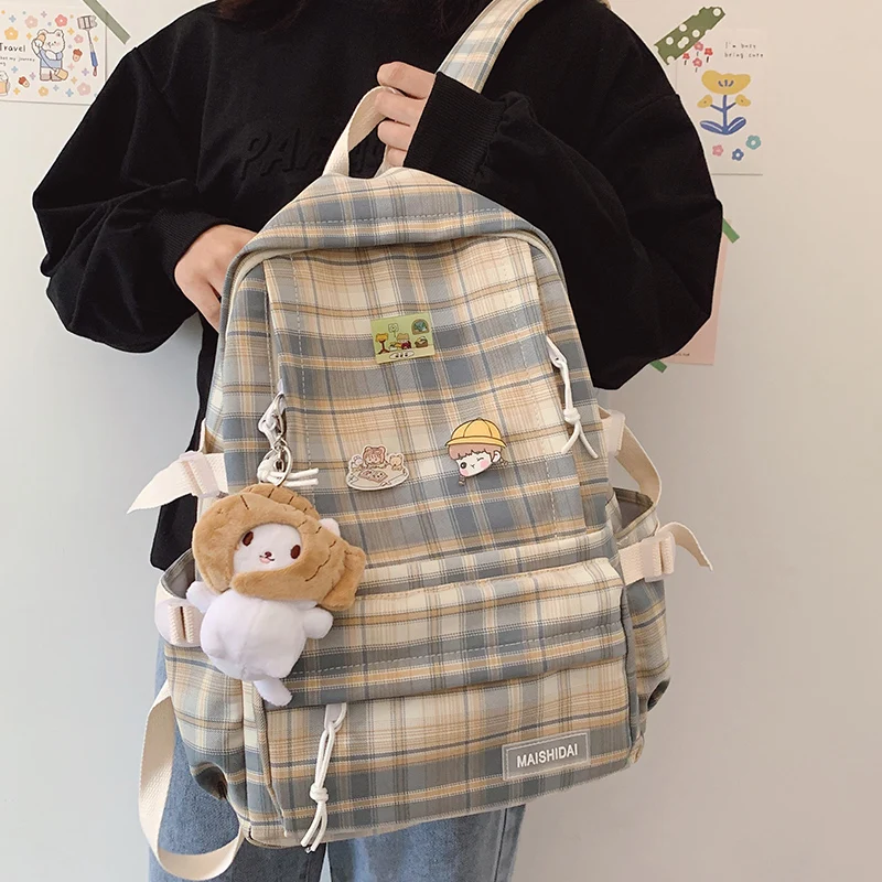 

GUANGHUIXB Japanese Plaid Backpack New Large-capacity Student School Bag Campus Striped Fashion Girl Travel Waterproof Bag