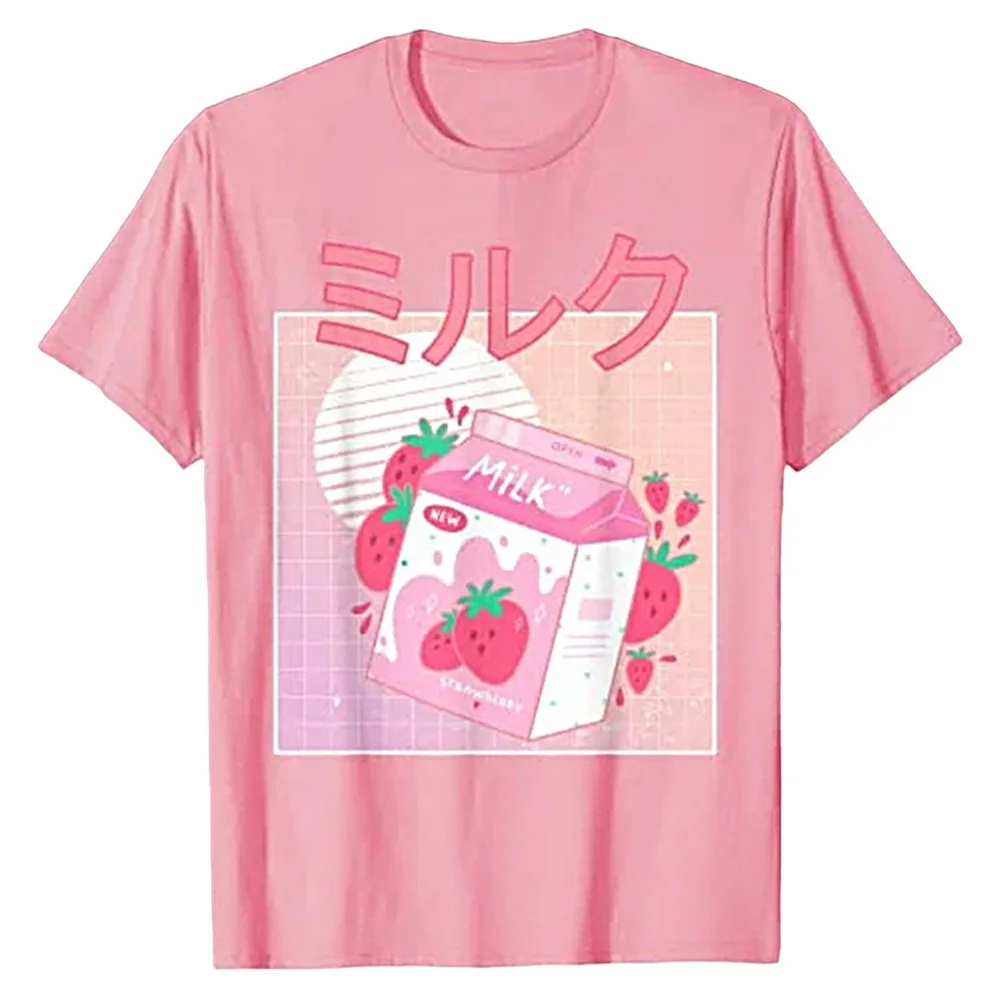 T-shirts-Camiseta Retro de los 90 para mujer, remera de dibujos animados de fresa y leche, camisetas de manga corta con estampado Harajuku oversize