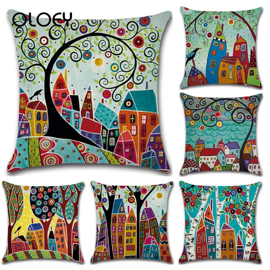 Ручной росписью в стиле ретро страна Цвет город размером 45*45 см наволочка льняная