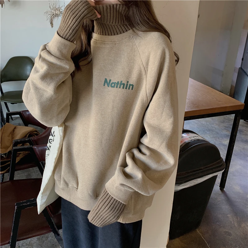 

Sweatshirt Femme Autumn Winter Womens Long Sleeve Velvet Turtleneck Sweatshirts Korean Ulzzang Harajuku Pullover Hoodies Tops