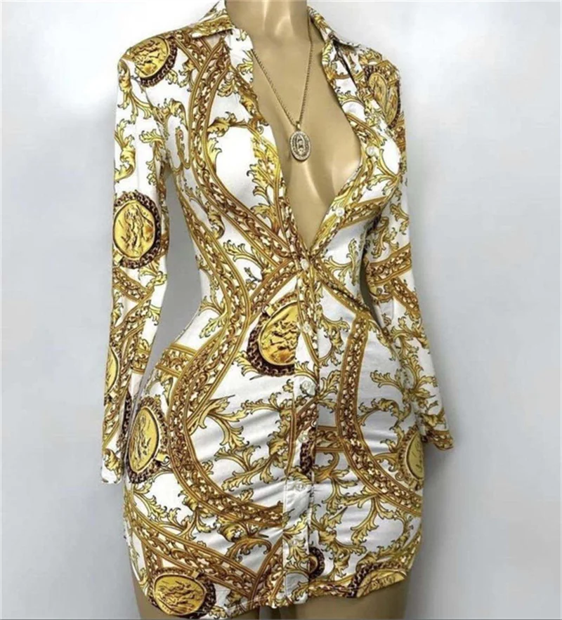 

RStylish 2021 Women Summer Clothing Sexy Long Sleeve Turn Down Collar Chain Print Skinny Vintage Shirt