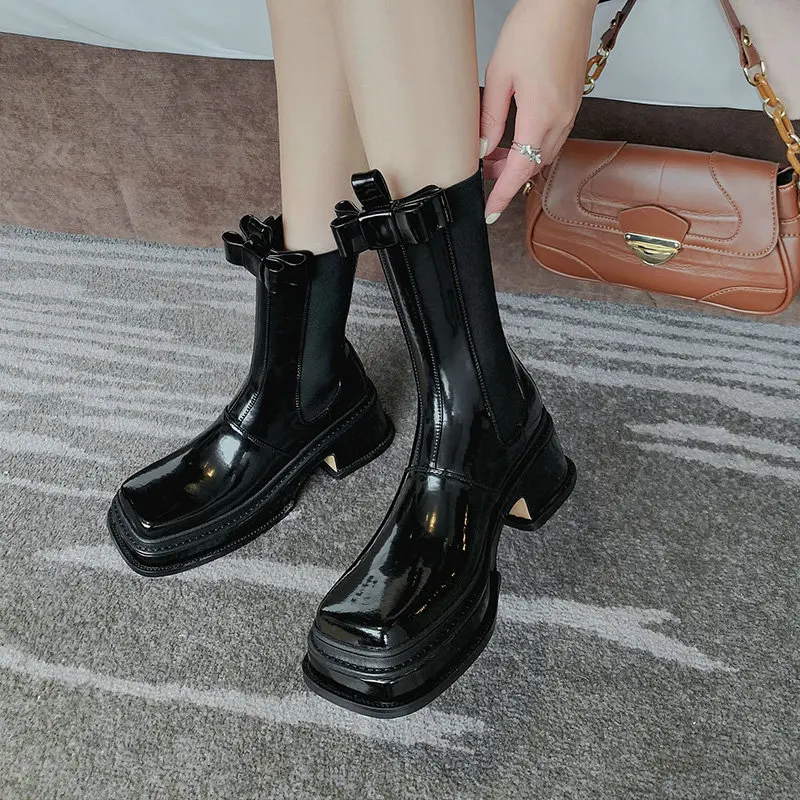

Fashion Platform Med Heels Genuine Leather Boots Women Sexy Party Shoes Square Toe Autumn Winter Short Boots Women Black 2021