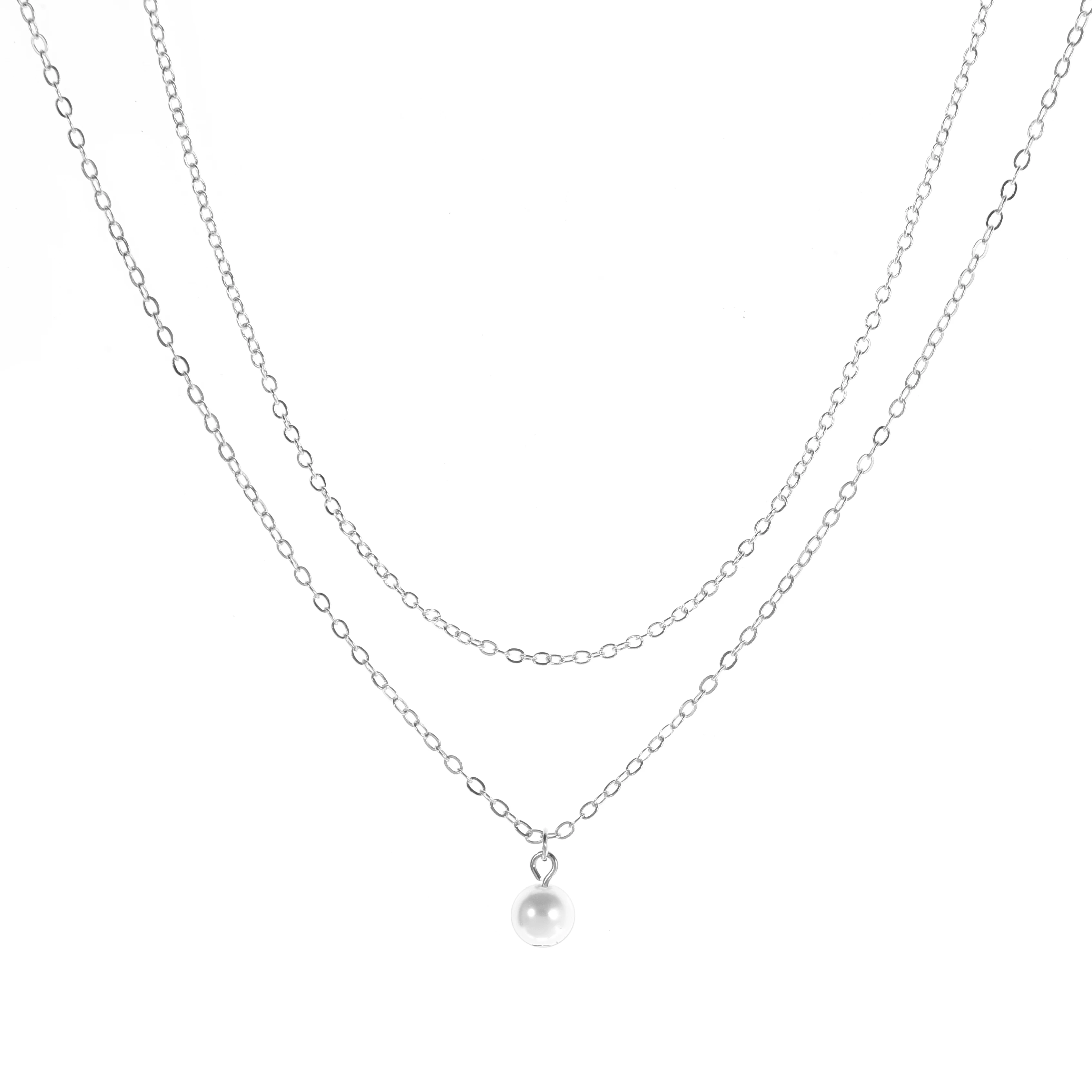 Серебряное длинное ожерелье круглая жемчужная бусина Двойная Цепочка Ожерелье