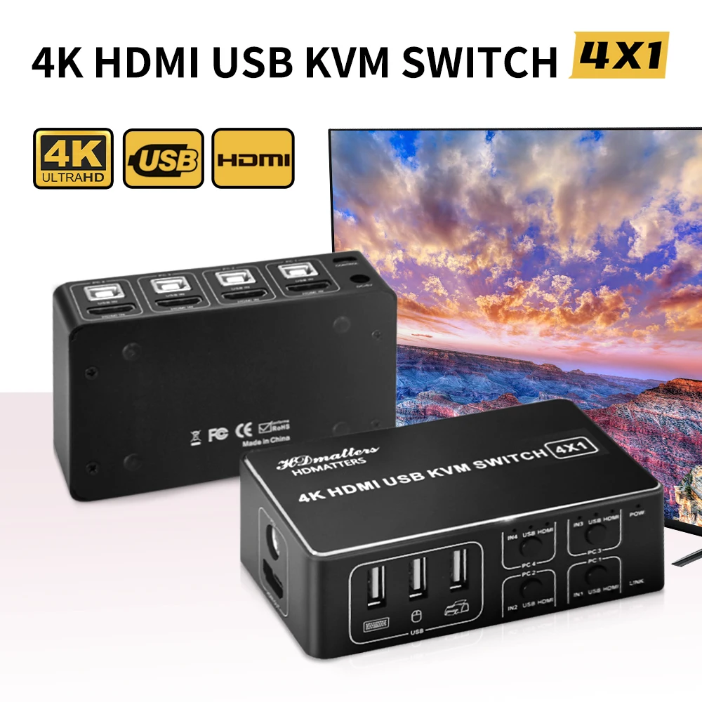 KVM переключатель совместимый с 4 портами HDMI 4K 2 порта USB для ПК ноутбука 1 монитор и